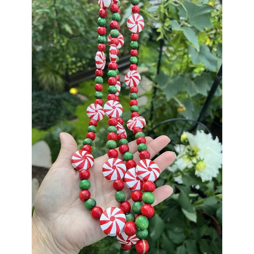 Vintage 8 Ft Wooden Christmas Garland Hand Painted Peppermint Candy Beads